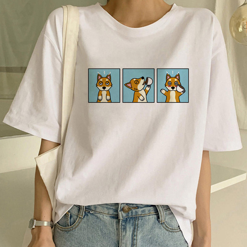 Woman in a dog print T-shirt