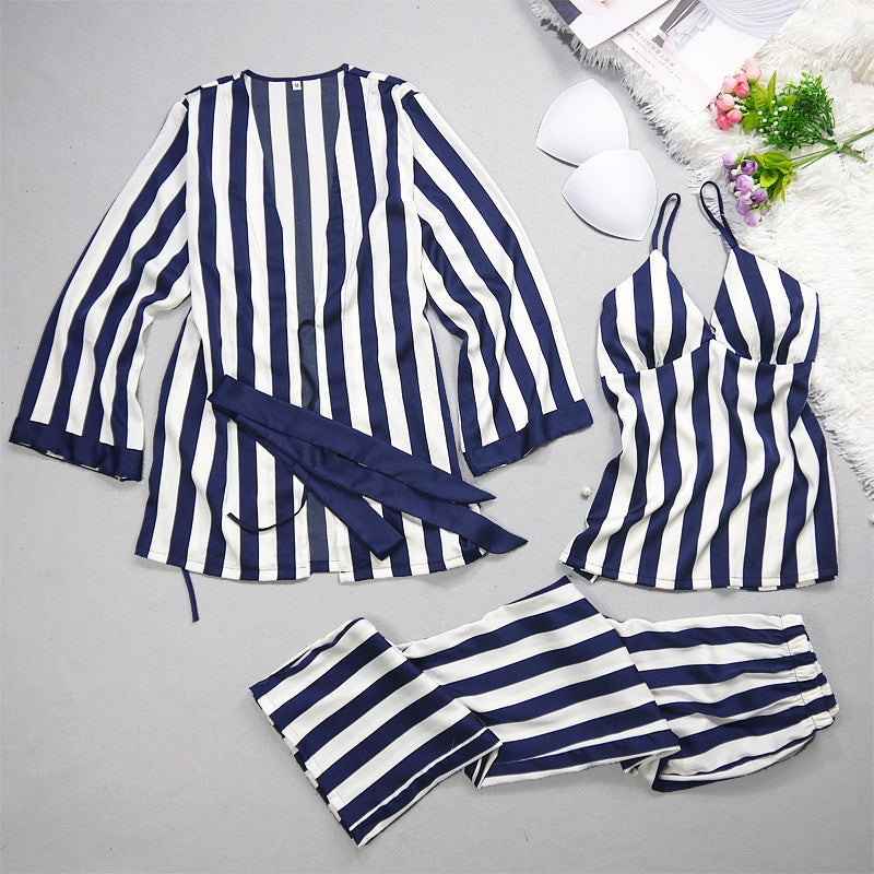 Ladies' Pajamas Summer Leisure Sexy Ice Silk Stripes, Suspenders, Trousers, Nightgowns, Three Sets Of New Silk Pajamas.