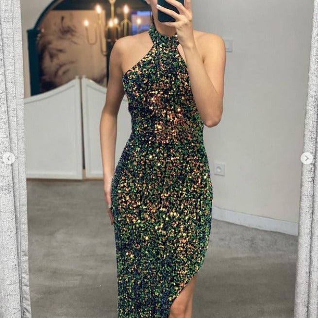 Backless Slit Thigh Sequins Dress