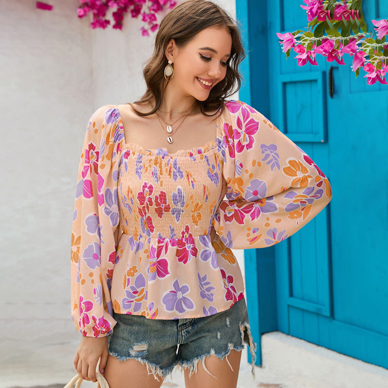 Long Sleeve Chiffon Shirt Woman Square-neck Floral Print Lantern Sleeve Shirt